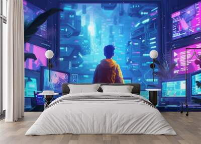 Back view Person with computer and holographic room futuristic illustration Wall mural