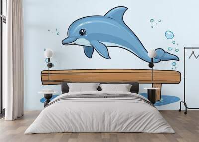 Cartoon Dolphin Leaping Over a Wooden Platform in Water Wall mural