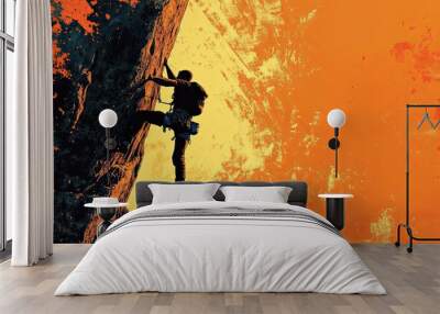 Climber Ascending a Rocky Cliff with a Vibrant Orange Sky Background Wall mural