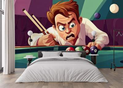 Focused Cartoon Man Playing Pool with Intense Expression Wall mural