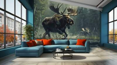 Moose Running in Storm Wall mural