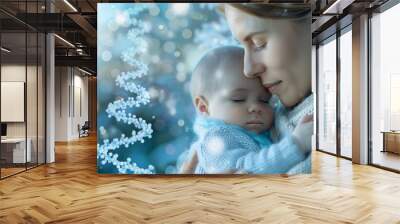 Mother and Baby with Dna on Blue Background Wall mural