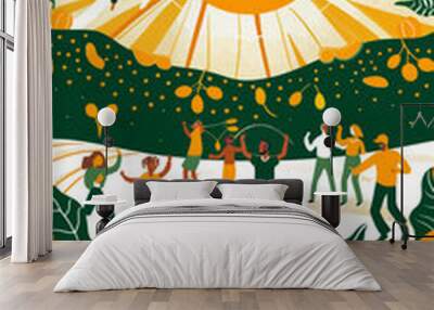 Music Flow Make People Dancing in HIll Illustration, Yellow and Green Style Wall mural