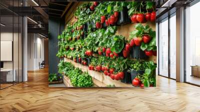 Ripe Red Strawberries Hanging on Plants in Pots on a Wooden Wall Wall mural