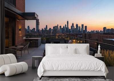 Rooftop Terrace with City Skyline and Sunset Views Wall mural