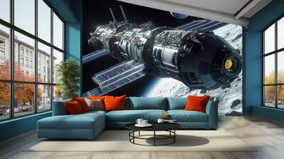 Spacecraft with Solar Panels Orbiting a Cratered Moon Wall mural