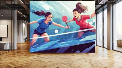 Two Female Players In Intense Ping Pong Match Wall mural