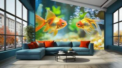 Two Goldfish Facing Each Other in an Aquarium with Bubbles Wall mural