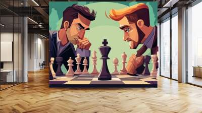 Two Men Focused on a Chess Match with the Black King in the Center Wall mural