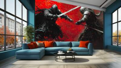 Two Silhouetted Knights Clashing Swords Against a Fiery Red Background Wall mural