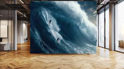 Two Surfers Riding Giant Waves in a Dramatic Seascape Wall mural