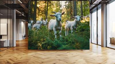 Two White Goats in a Lush Forest Setting Wall mural