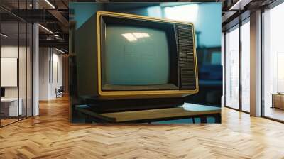 Vintage Television Set on a Tabletop with a Glowing Screen Wall mural