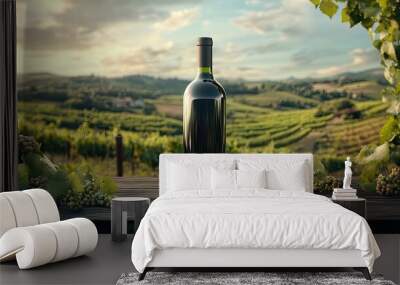 Wine Bottle on Wooden Table with Grapes and Vineyard Background Wall mural