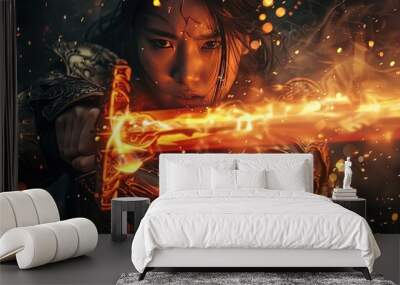 Woman Knight Holding Fire Sword Wall mural