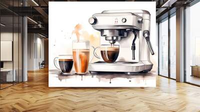 Coffee machine with coffee cup. Watercolor hand drawn illustration Wall mural