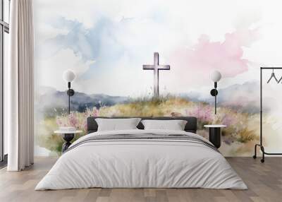 Digital watercolor painting of a Christian cross in a meadow. Wall mural