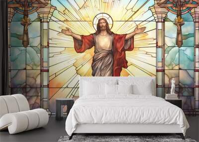 Illustration in stained glass window style with Jesus Christ on the cross Wall mural