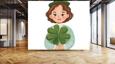 Illustration of girl in St Patrick's costume with shamrocks Wall mural