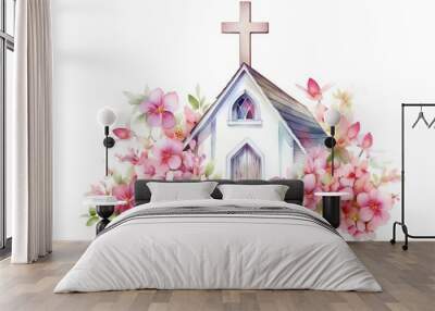 Watercolor christian church with flowers. Hand painted illustration isolated on white background Wall mural