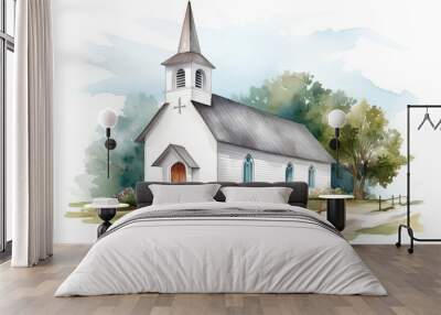 Watercolor illustration of a church in the countryside. Hand drawn watercolor illustration. Wall mural