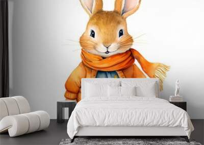 Watercolor illustration of a cute rabbit in an orange jacket and scarf Wall mural