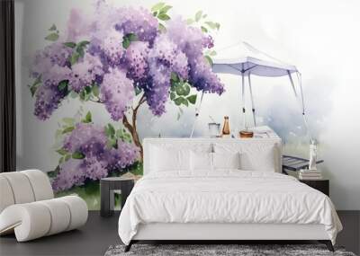 Watercolor summer picnic with wisteria flowers. Illustration for your design Wall mural