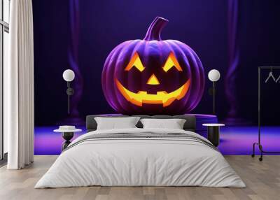 Halloween pumpkin podium on neon background Wall mural