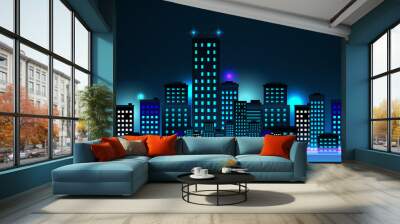 cityscape panoramic night time or city skyline or city horizon night flat style. city scape with sky scraper building blue light color  landscape vector illustration.  Wall mural