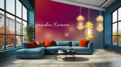 Ramadan kareem greeting card template with gold ramadan lantern, islamic background banner wallpaper vector illustration. Arabic text translation : ramadan kareem, holy month for muslim Wall mural