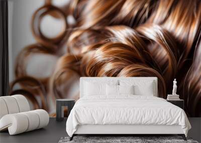 A closeup view of a bunch of shiny curls brown hair. Wall mural