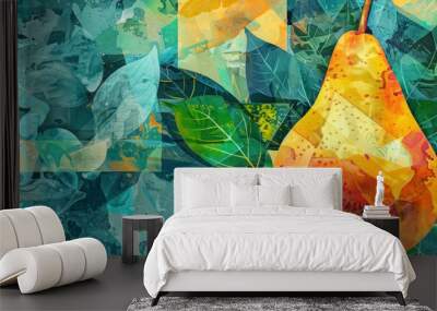 Abstract fruit collage with green patterns, pear fruit with blue leaf. Wall mural