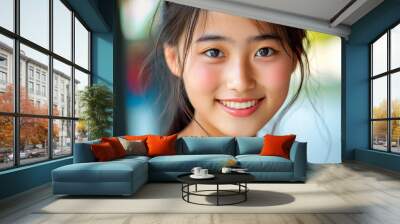 An Asian teenage woman with a happy expression wearing a red top. Wall mural