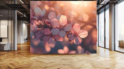 Beautiful illuminated by sunlight fresh cherry blossoms in the spring season, cherry flowers of unusual pink color with a small depth of field. Wall mural