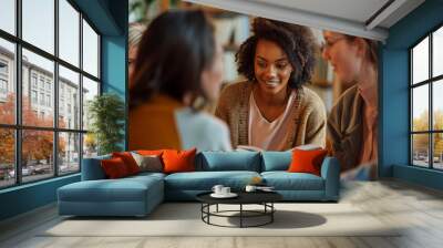 Book club, an inviting scene featuring a diverse group of women gathered for a book club meeting. Wall mural