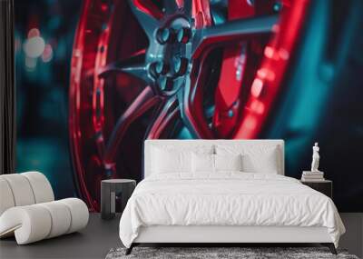 Close up of a modern sport wheel with red brake. Wall mural