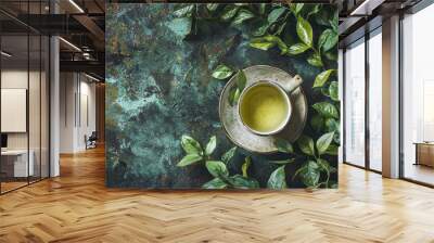 Cup of fresh green tea with tea leaves. Flat lay, top view. Wall mural