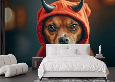 Dog at Halloween party in red hoodie with devil horns on bright background. Wall mural