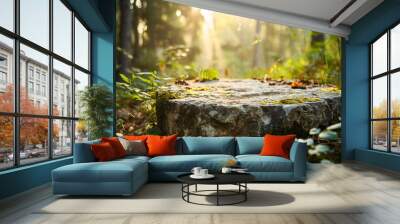 Flat stone podium in the magical forest , empty round stand background. Wall mural