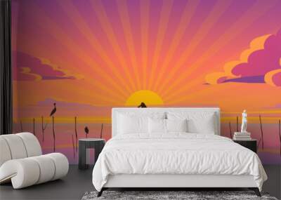 Gorgeous sunset on in warm pink and purple tones. Birds rest in the foreground. Colorful landscape of the sun, sea, cranes. Vector eps illustration. Wall mural