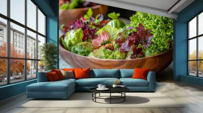 Green oak and red oak vegetable salad on wood dish. Wall mural