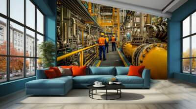 Group of industrial engineers workers in a refinery oil and gas processing equipment and machinery. Wall mural