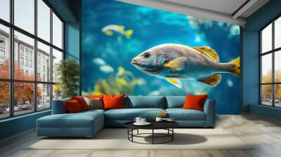 Low angle view of a big fish swimming in the aquarium, sea wildlife. Wall mural