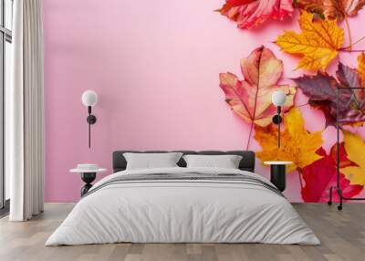 Multicolored autumn leaves on a pink background. There is a copy space nearby. Wall mural