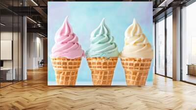 Pastel ice cream in waffle cones, bright background, copy space. Wall mural