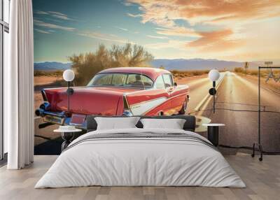 Route 66 road trip adventure, a nostalgic image featuring a classic American road trip along the historic Route. Wall mural