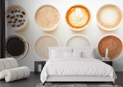 Set of paper take away cups of different coffee latte or cappuccino on white background, top view. Wall mural