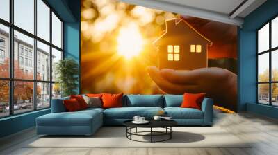 The family's hands are holding a paper house at sunset, the sun is shining through the window. Wall mural