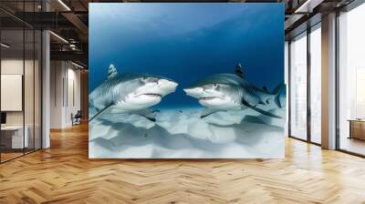 Two tiger sharks circle each other. Wall mural