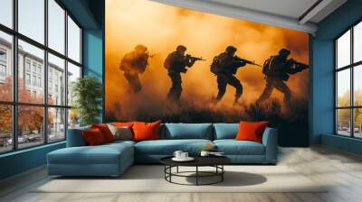 War Concept. Military silhouettes fighting scene on war fog sky background. Wall mural